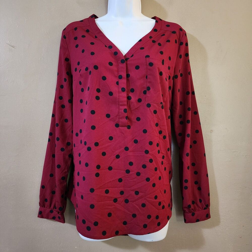Merona Womens Popover Top Size S Burgundy Black Polka Dot Long Sleeve Tunic